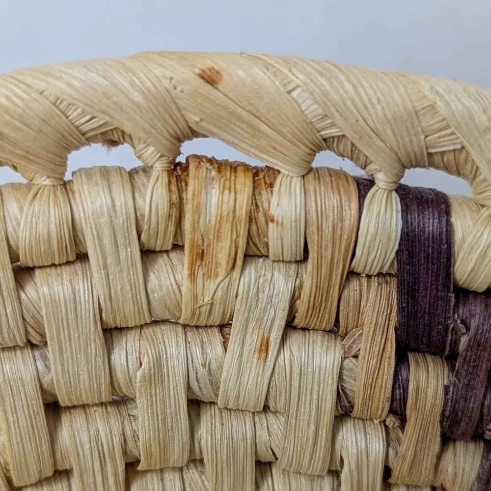 Vintage Woven Coil Handmade Round Tan & Brown Pinwheel Basket Harvest Bowl